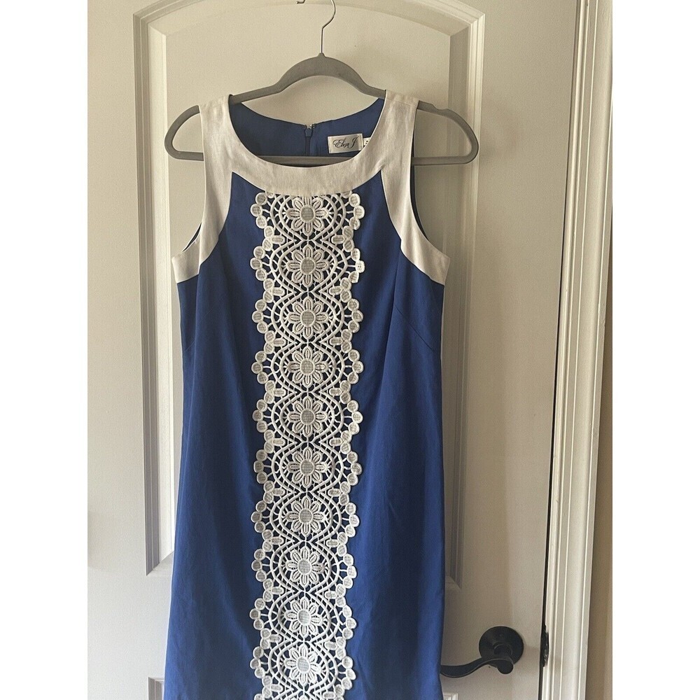 Eliza J Women’s Size 6 Blue Sleeveless Shift Dress Crochet Trim